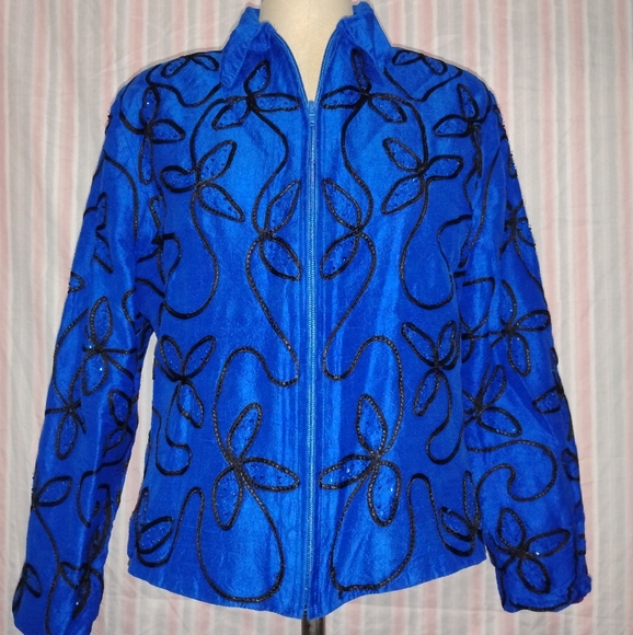 EMB. DIAGONAL  JACKET CO-ORD (SET OF 3)-ELECTRIC BLUE/GREY